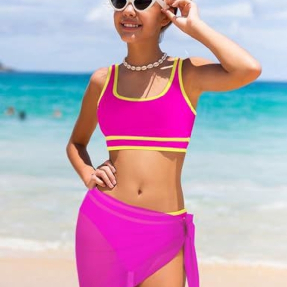 Bright Pink and Yellow Kids Bikini Set, 3 Piece Set, New, 13 - 14 - Picture 2 of 4